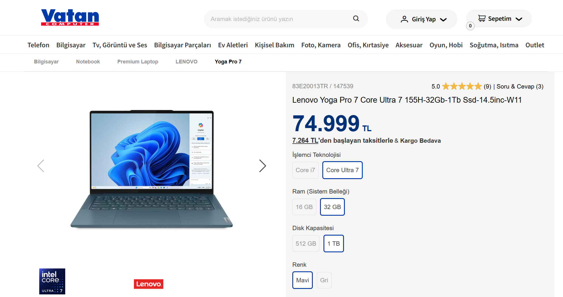 Lenovo Yoga Pro 7 Core Ultra 7 155H-32Gb-1Tb Ssd-14.5inc-W11 RTX4050